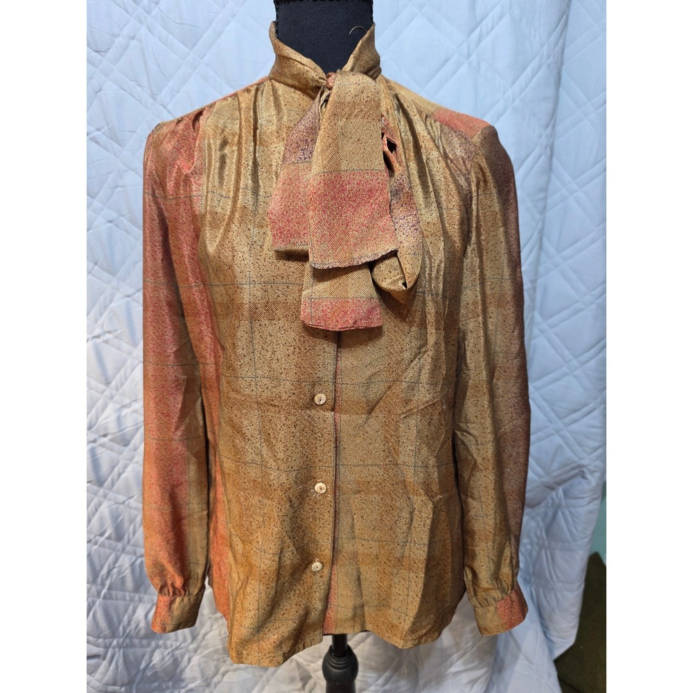Martina California Vintage Tie Neck Blouse Gold Rust Plaid Button Up Top 4